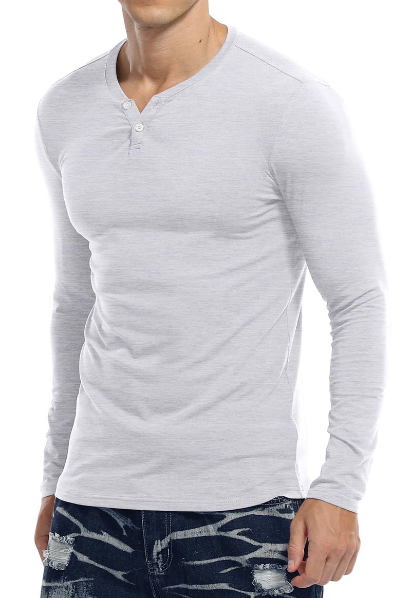 KUYIGO Mens Casual Long Sleeve Henleys Slim Fit T-Shirt V Neck Shirts Tops with Button Grey Medium - Image 4